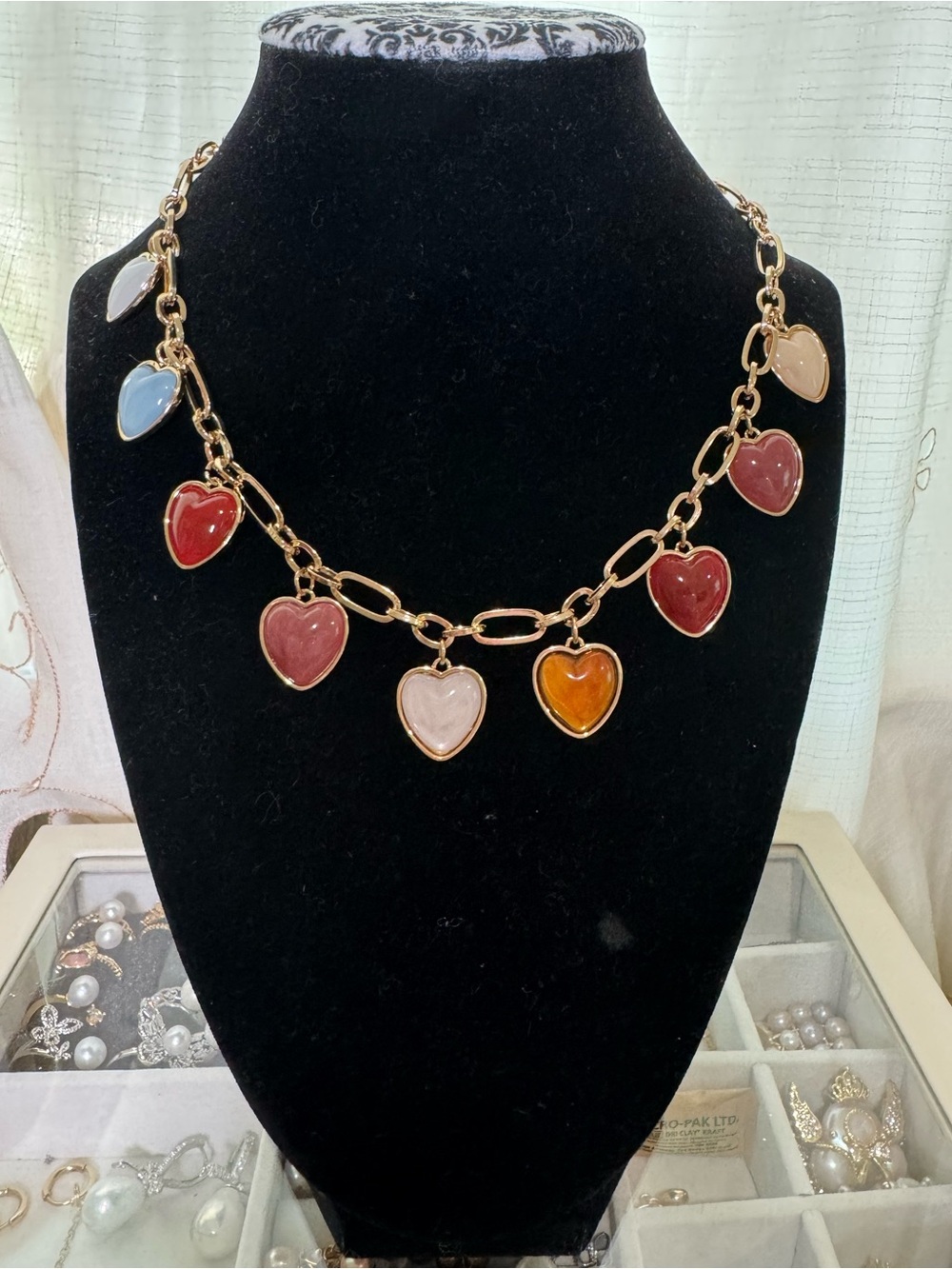 Fall Multicolor Heart Charms Necklace- Gold